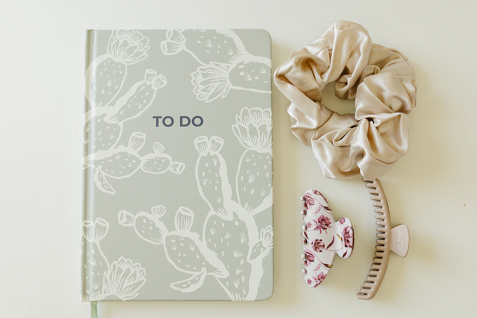 Desert Sol Desert Intentions To Do notebook with a champagne silk scrunchie and Mulberry Floral claw clip
