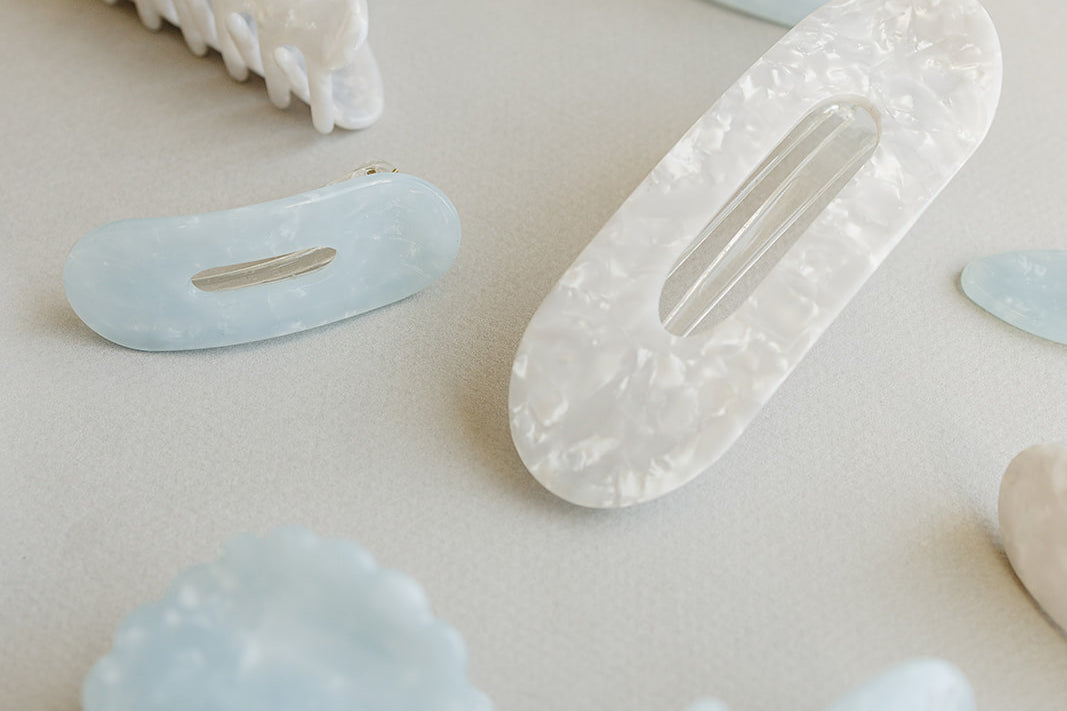 Desert Sol Moonstone blue and Pearl white acrylic claw clips and snap clips together