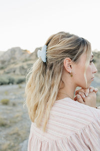Model with a half up style held by the Desert Sol Classic Claw Clip in Moonstone, desert buttes behind her