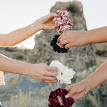 Four hands holding Desert Sol scrunchies in Mulberry Floral, black, ivory and plum crystal against a desert butte