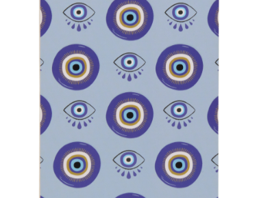 A Dopo Eye Twin Wire Notepad, a cream notepad with a repeating eye motif in blue and gold and a gold twin wire spiral across the top
