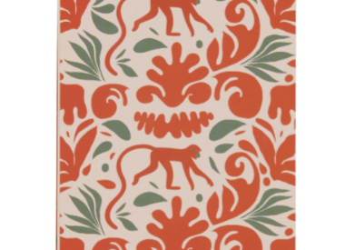 A Dopo Monkey Twin Wire Notepad, a cream notepad with terracotta monkeys among green foliage, a gold and green checkered header band and a gold twin wire spiral