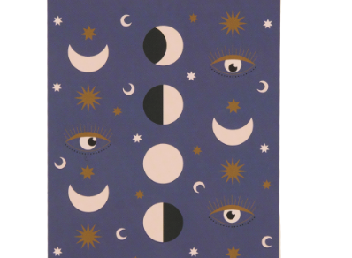 A Dopo Moon Phases Twin Wire Notepad, a deep purple notepad with moon phases, eyes and stars in cream and gold under a striped header band