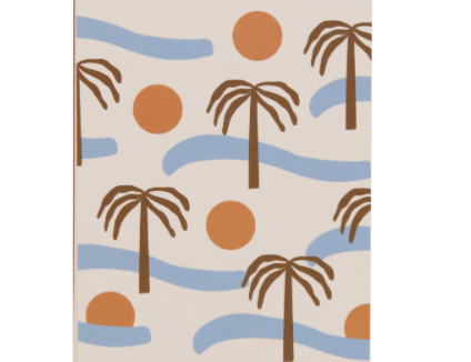 A Dopo Palm Twin Wire Notepad, a cream notepad with brown palm trees, blue waves and orange suns under a green and blue checkered header