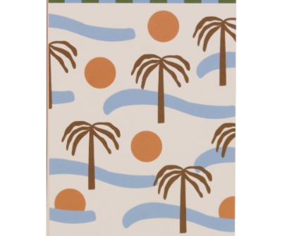 A Dopo Palm Twin Wire Notepad, a cream notepad with brown palm trees, blue waves and orange suns under a green and blue checkered header