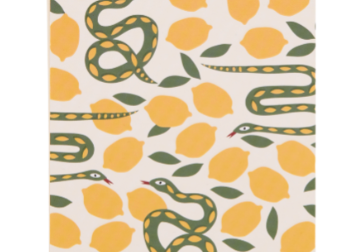 A Dopo Snake Twin Wire Notepad, a cream notepad with green snakes winding through yellow lemons under a green and pink wavy header