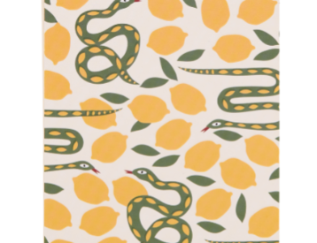 A Dopo Snake Twin Wire Notepad, a cream notepad with green snakes winding through yellow lemons under a green and pink wavy header