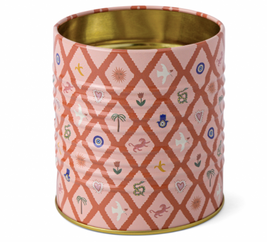A Dopo Tin Icons, a pink tin pencil cup with a terracotta lattice and small symbols set inside it, and a gold interior