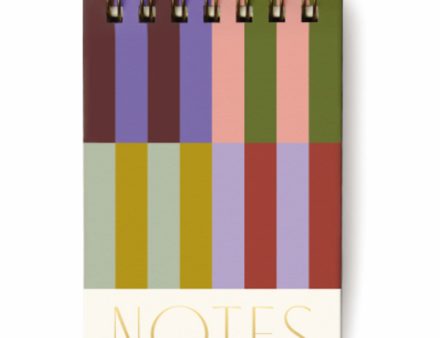 Bold Stripes Chunky Notepad, a wire bound notepad in vertical color blocks of plum, olive, sage, dusty rose and purple with NOTES in gold at the foot