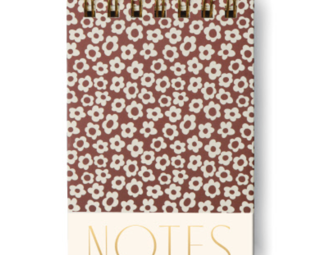 Burgundy Groovy Floral Chunky Notepad, a burgundy notepad with cream retro daisies, NOTES in gold and a gold twin wire spiral at the top