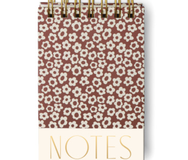 Burgundy Groovy Floral Chunky Notepad, a burgundy notepad with cream retro daisies, NOTES in gold and a gold twin wire spiral at the top