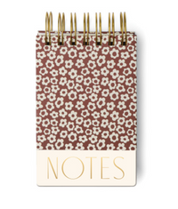 Burgundy Groovy Floral Chunky Notepad, a burgundy notepad with cream retro daisies, NOTES in gold and a gold twin wire spiral at the top