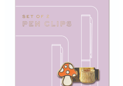 Butterfly and Mushroom Pen Clips, a lilac backer card holding two pen clips, a blue butterfly and a mushroom, each on a gold band