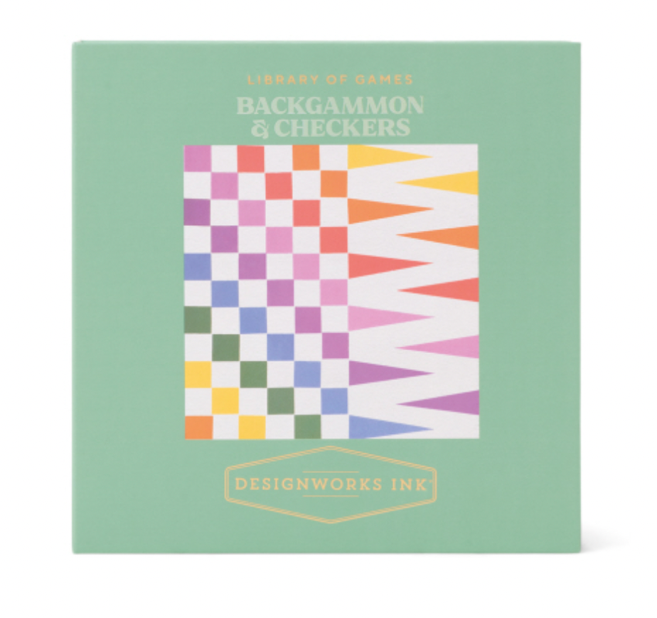 Backgammon and Checkers Set, a sage green book shaped box reading LIBRARY OF GAMES, BACKGAMMON AND CHECKERS, with a checkerboard and triangle graphic