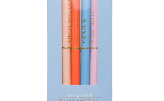 Confidence Set Slim Metal Twisty Pens, slim metal twisty pens in coral, pink and blue in a pale blue Confidence box