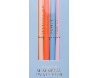 Confidence Set Slim Metal Twisty Pens, slim metal twisty pens in coral, pink and blue in a pale blue Confidence box