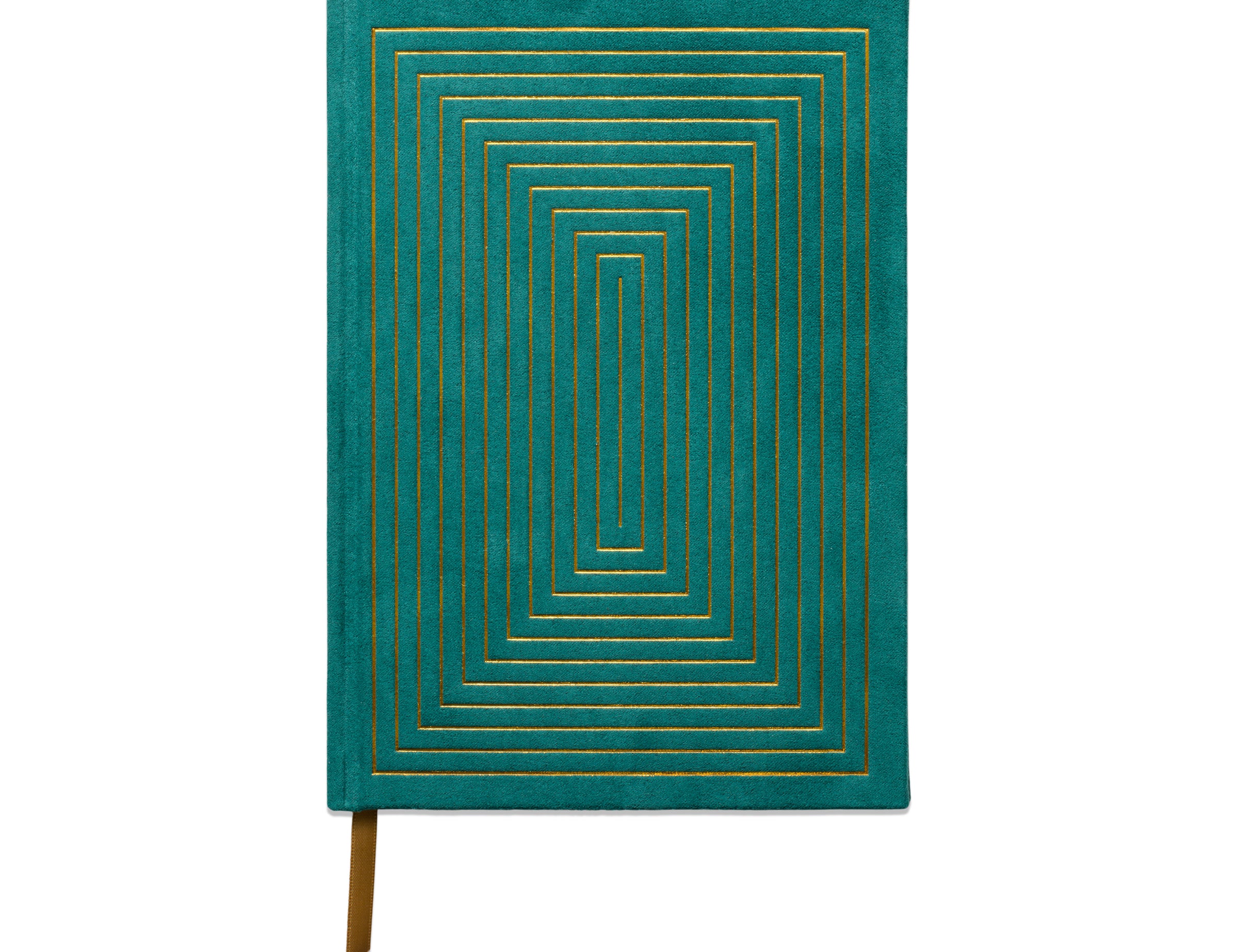 Linear Boxes Hard Cover Suede Cloth Journal, a green hardcover journal with a sueded paper cover and a gold linear box design