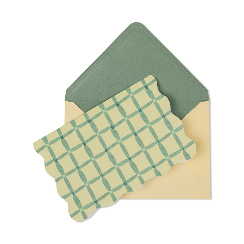Designworks notecard with a green windowpane check pattern and a scalloped edge, with a green envelope
