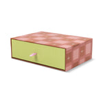 Designworks Notecards Set of 16 in a pink checkerboard drawer box with a lime green drawer