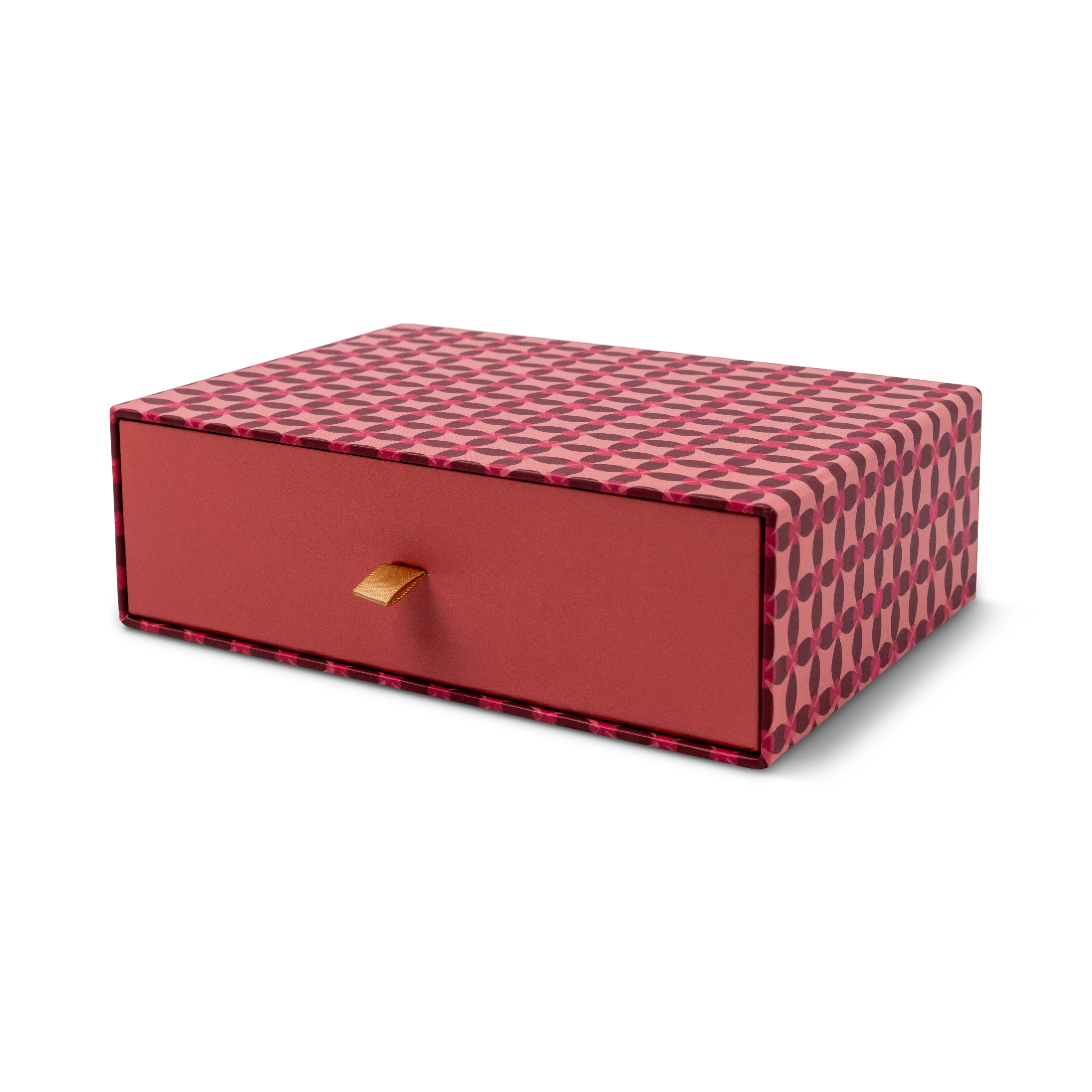 Designworks Notecards Set of 16 in a deep red patterned slide-out drawer box