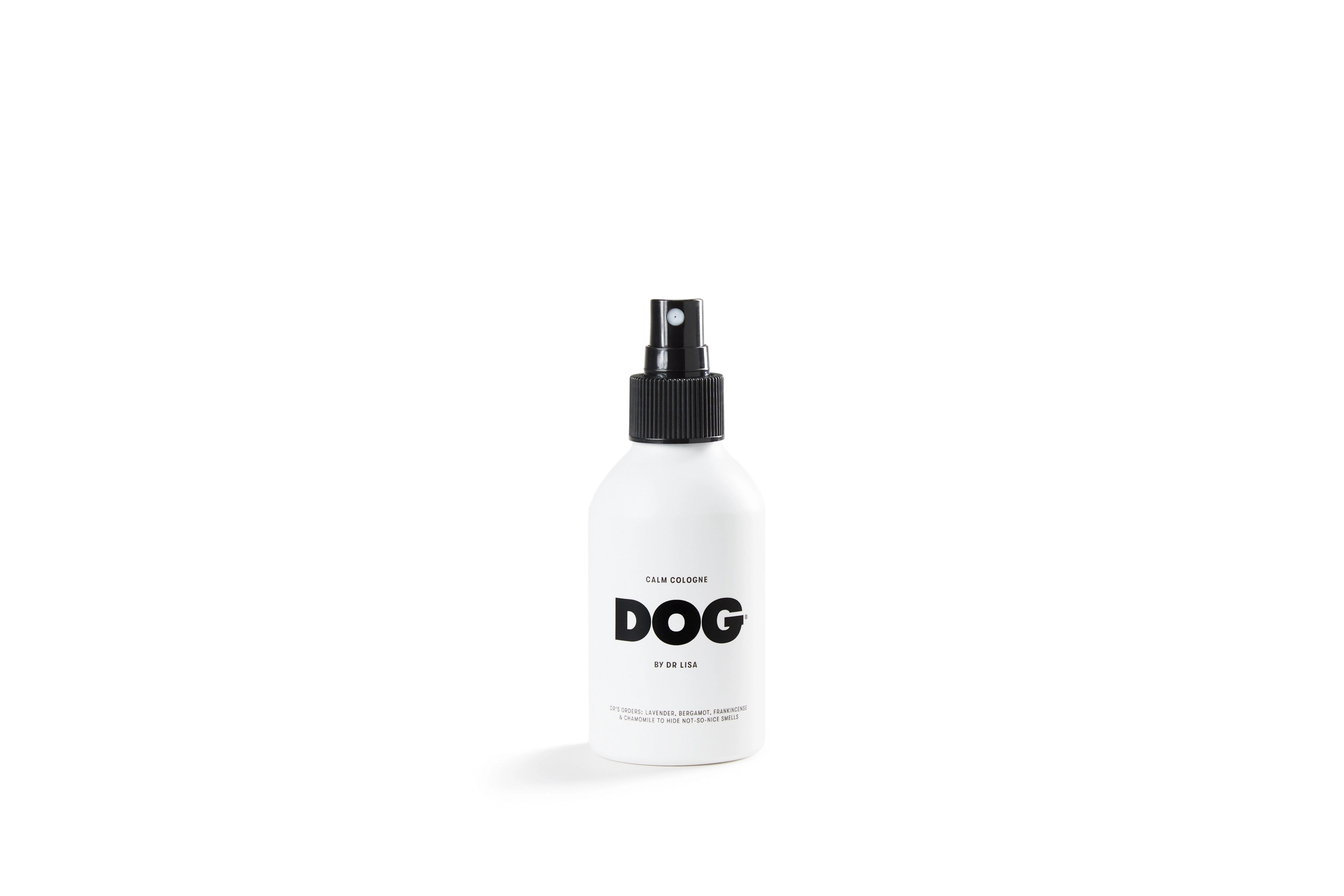 DOG by Dr Lisa Dog Calm Cologne, a white spray bottle with a black DOG label