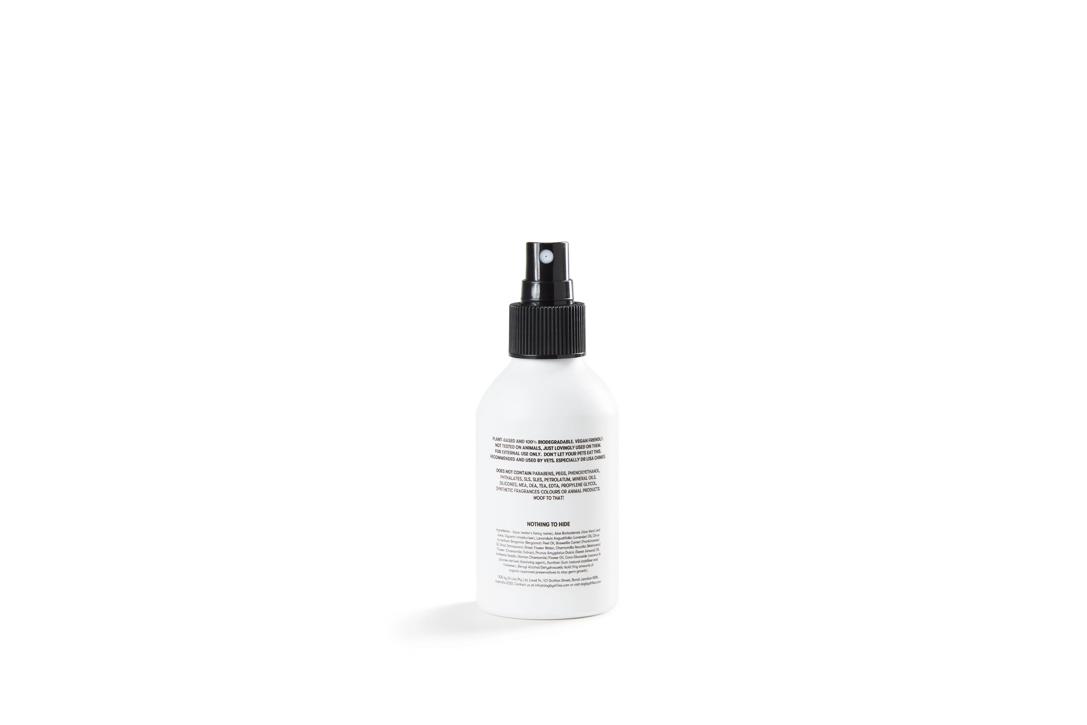 DOG by Dr Lisa Dog Calm Cologne white spray bottle, side label view
