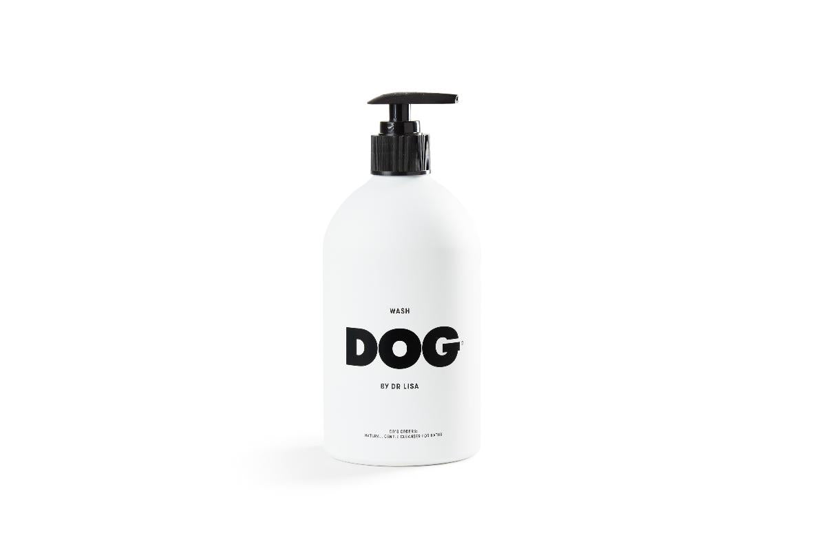 DOG by Dr Lisa Dog Wash, a white pump bottle with a black DOG label