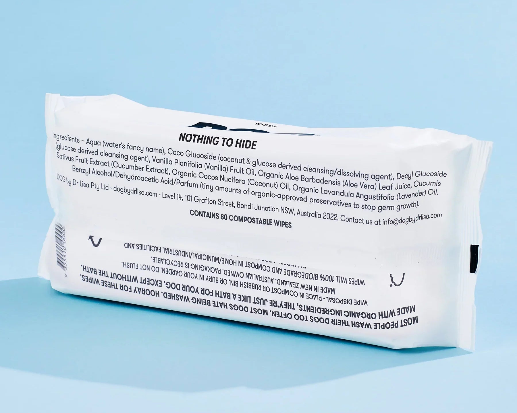 DOG by Dr Lisa Dog Wipes pack, back view showing the ingredient list