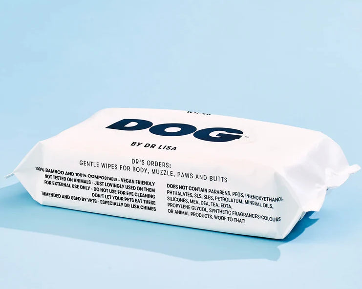 DOG by Dr Lisa Dog Wipes pack showing the ingredients and usage information on the side