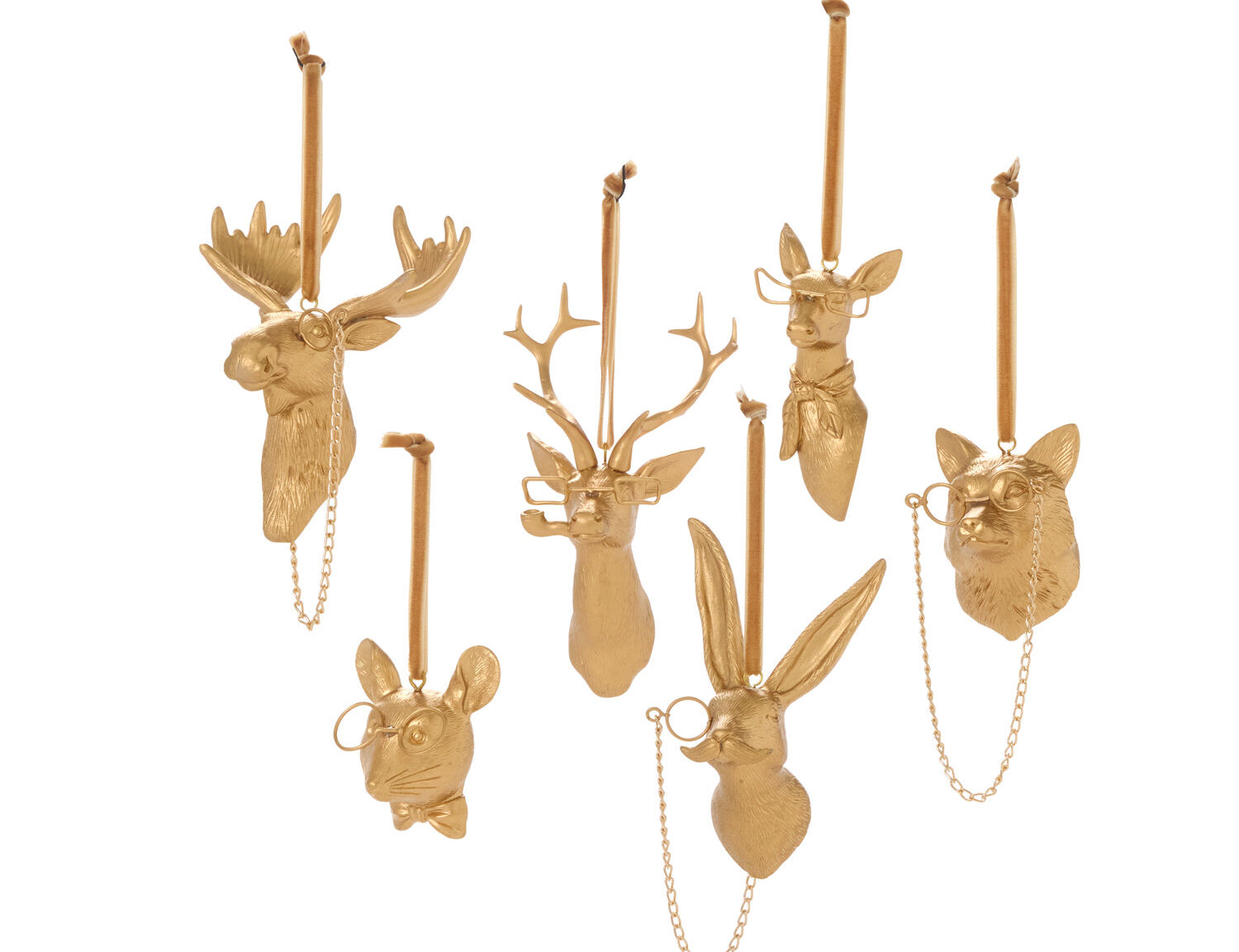 E + E Ornaments, six gold resin animal head ornaments, a moose, buck, doe, hare, fox and mouse, on gold strings