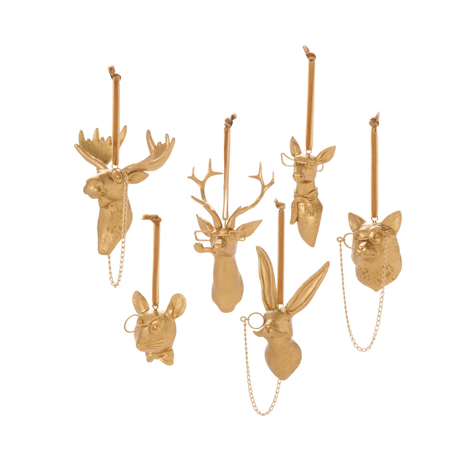 E + E Ornaments, six gold resin animal head ornaments, a moose, buck, doe, hare, fox and mouse, on gold strings