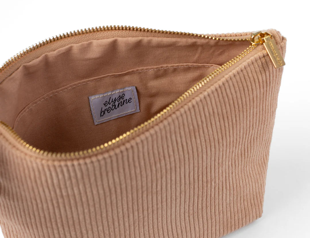 Elyse Breanne Corduroy Carry All Pouch, second view, the almond pouch open to show its lining and slip pocket