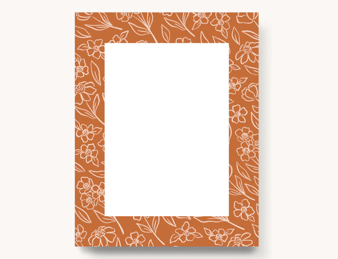 Elyse Breanne Terracotta Floral Notepad, a small white pad with a terracotta floral border on cream