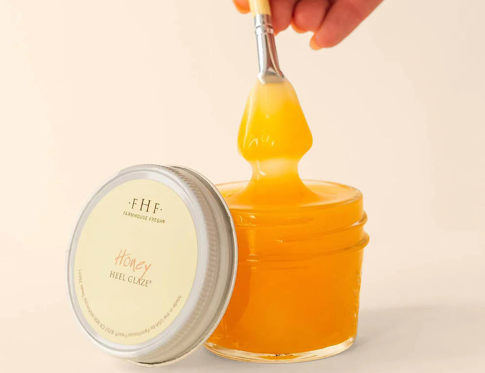 Farmhouse Fresh Honey Heel Glaze, a jar of golden honey glaze dripping from a brush