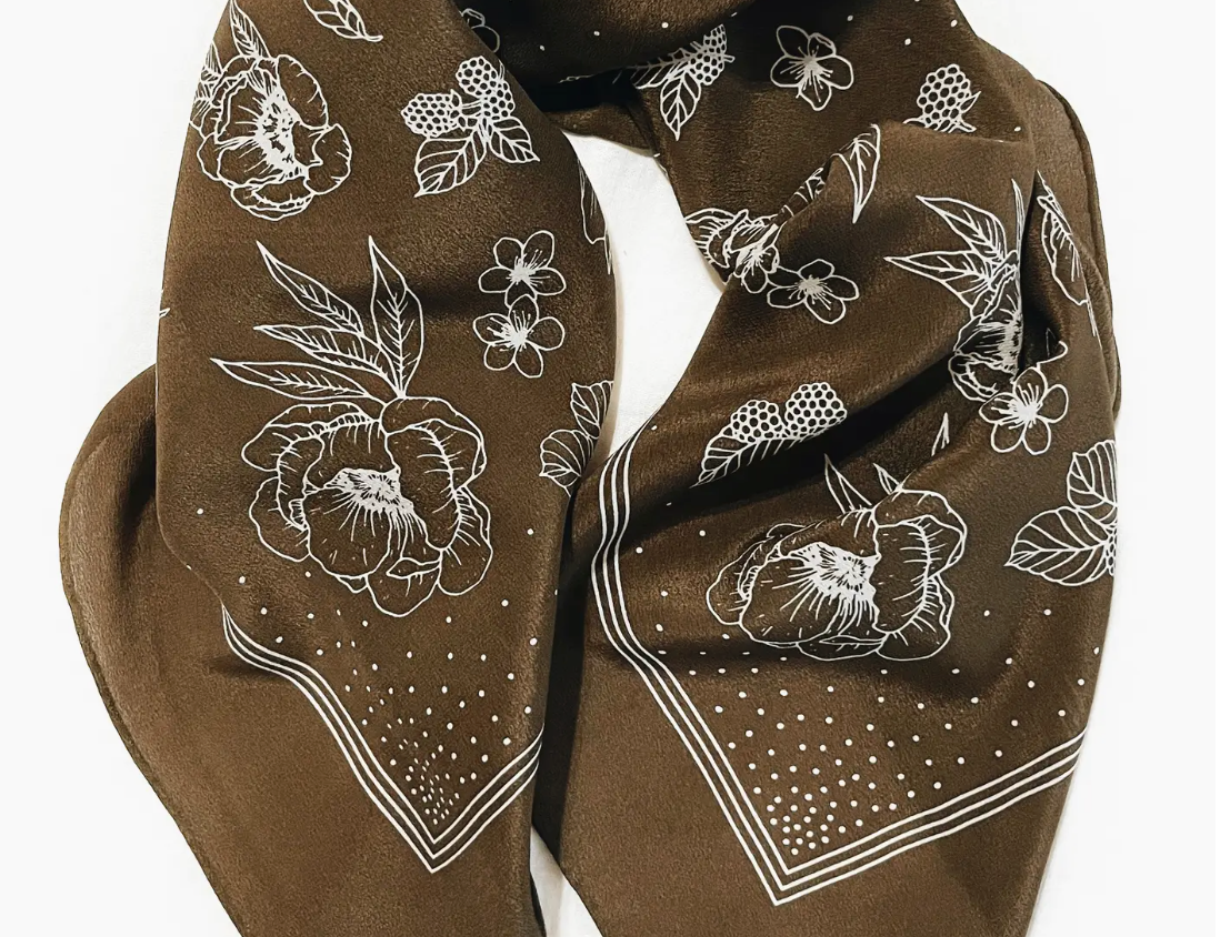 Flora West Design Classic Deep Floral Silk Scarf, an olive brown scarf with white line-drawn flowers