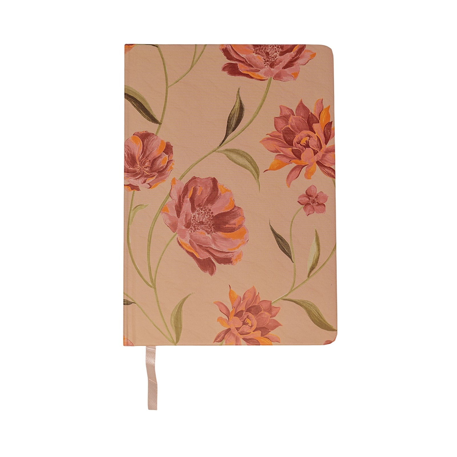 Floral Gesture hardcover notebook in Brushed Sand Floral, a warm beige cover with pink, orange, and red flowers and a beige ribbon marker, on a white background.