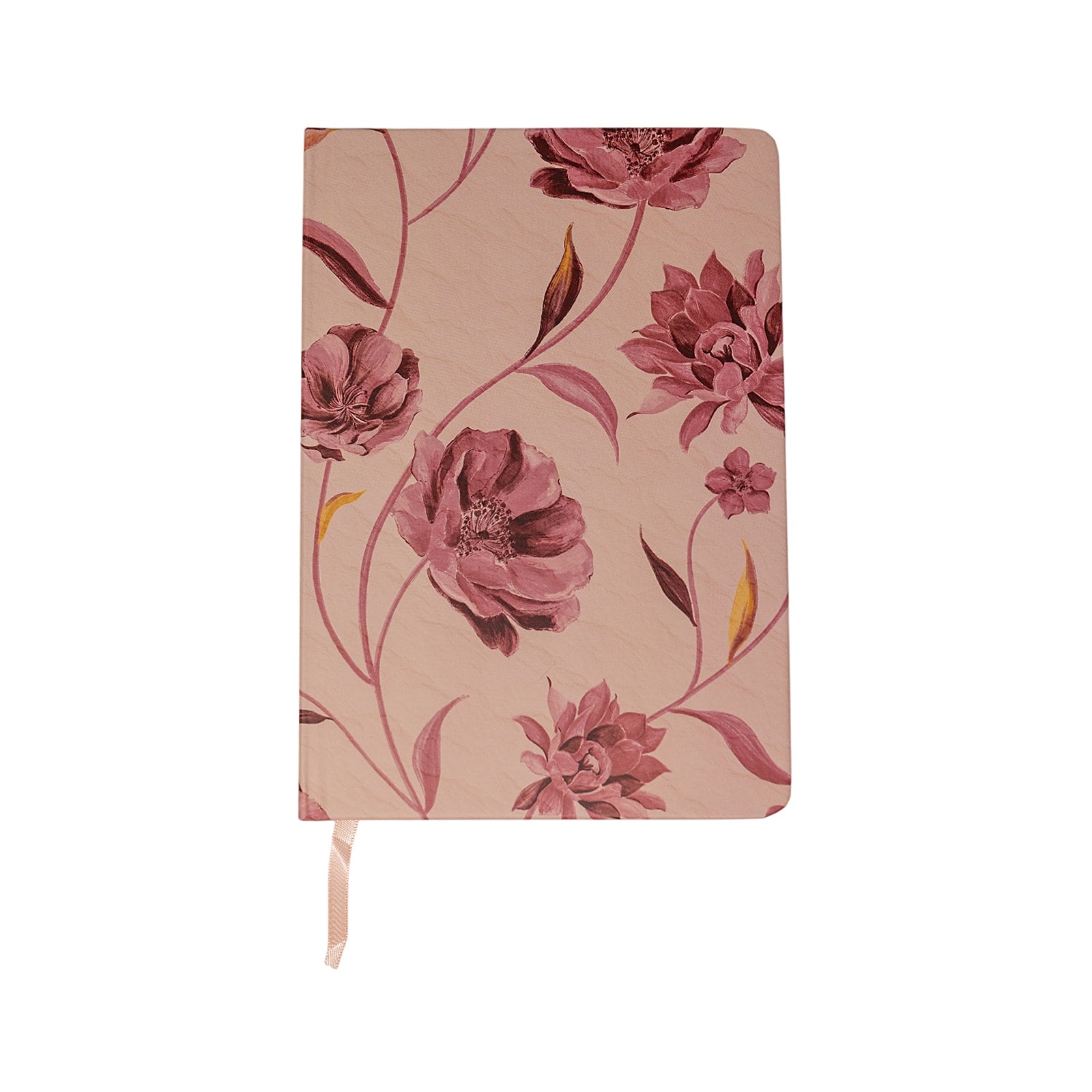 Floral Gesture hardcover notebook in Mulberry Floral, a dusty pink cover with mauve and burgundy flowers and a ribbon marker, on a white background.