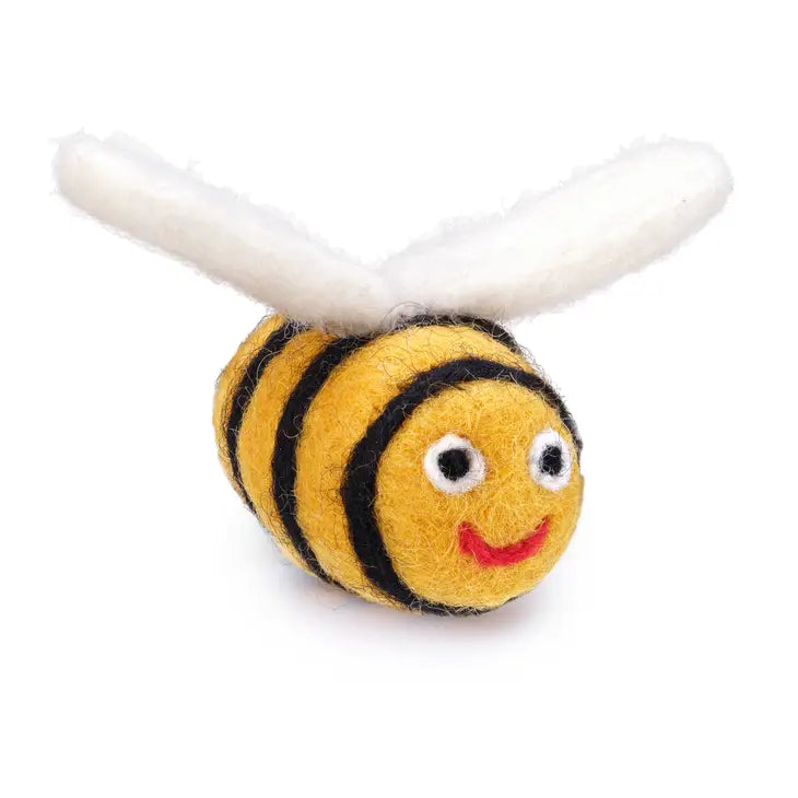 Foggy Dog Cat Toy in Bumblebee, a yellow and black striped felt bee with white wings