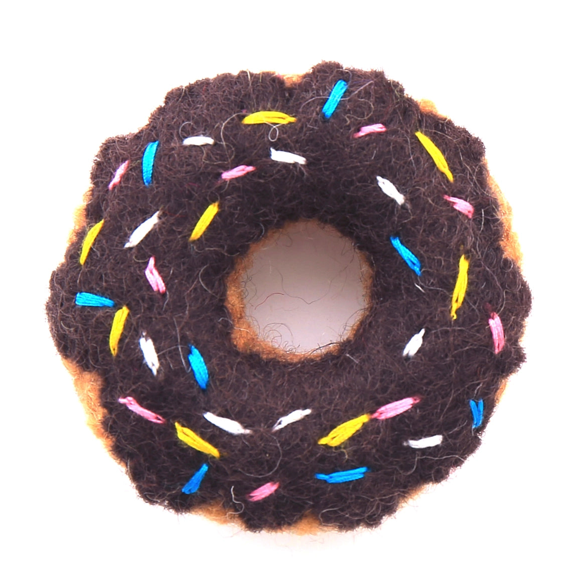Foggy Dog Cat Toy in Chocolate Donut, a felt donut with chocolate frosting and rainbow sprinkles