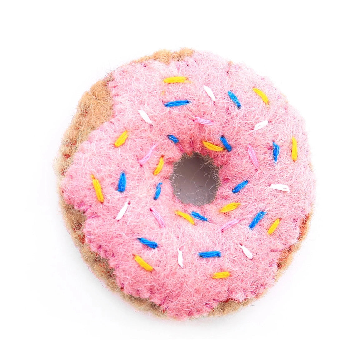 Foggy Dog Cat Toy in Pink Donut, a felt donut with pink frosting and rainbow sprinkles