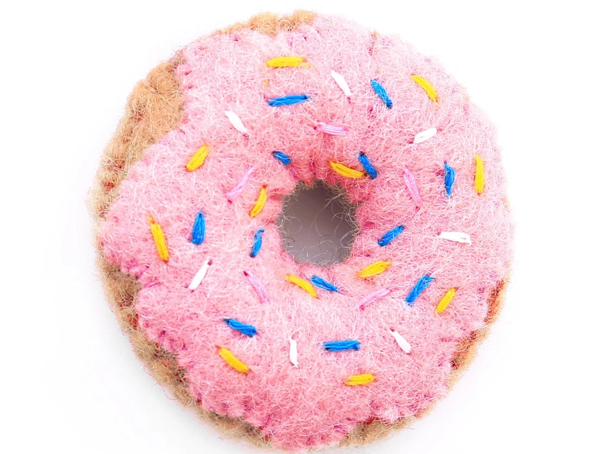 Foggy Dog Cat Toy in Pink Donut, a felt donut with pink frosting and rainbow sprinkles
