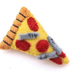 Foggy Dog Cat Toy in Pizza, a yellow felt pizza slice with red pepperoni and gray mushrooms