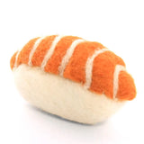 Foggy Dog Cat Toy in Salmon Nigiri, a felt sushi piece with orange salmon on white rice