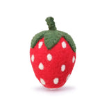 Foggy Dog Cat Toy in Strawberry, a red felt strawberry with white seeds and a green stem