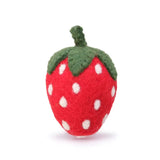 Foggy Dog Cat Toy in Strawberry, a red felt strawberry with white seeds and a green stem