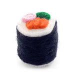 Foggy Dog Cat Toy in Sushi Roll, a navy felt maki roll with orange and pink filling
