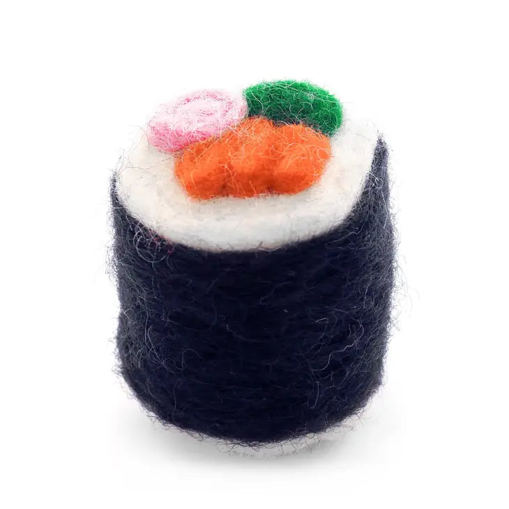 Foggy Dog Cat Toy in Sushi Roll, a navy felt maki roll with orange and pink filling