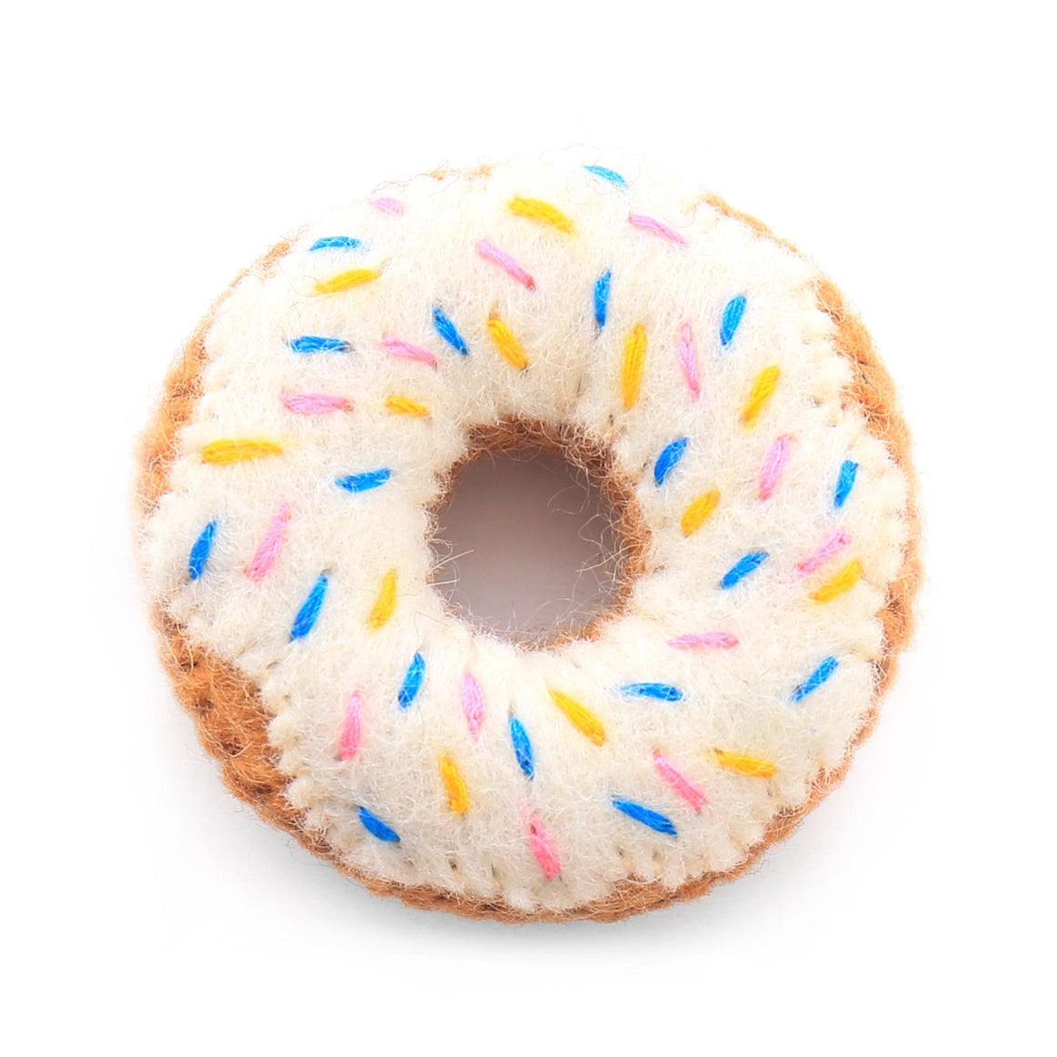 Foggy Dog Cat Toy in Vanilla Donut, a felt donut with white frosting and rainbow sprinkles