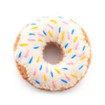Foggy Dog Cat Toy in Vanilla Donut, a felt donut with white frosting and rainbow sprinkles