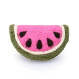 Foggy Dog Cat Toy in Watermelon, a pink and green felt watermelon slice with black seeds